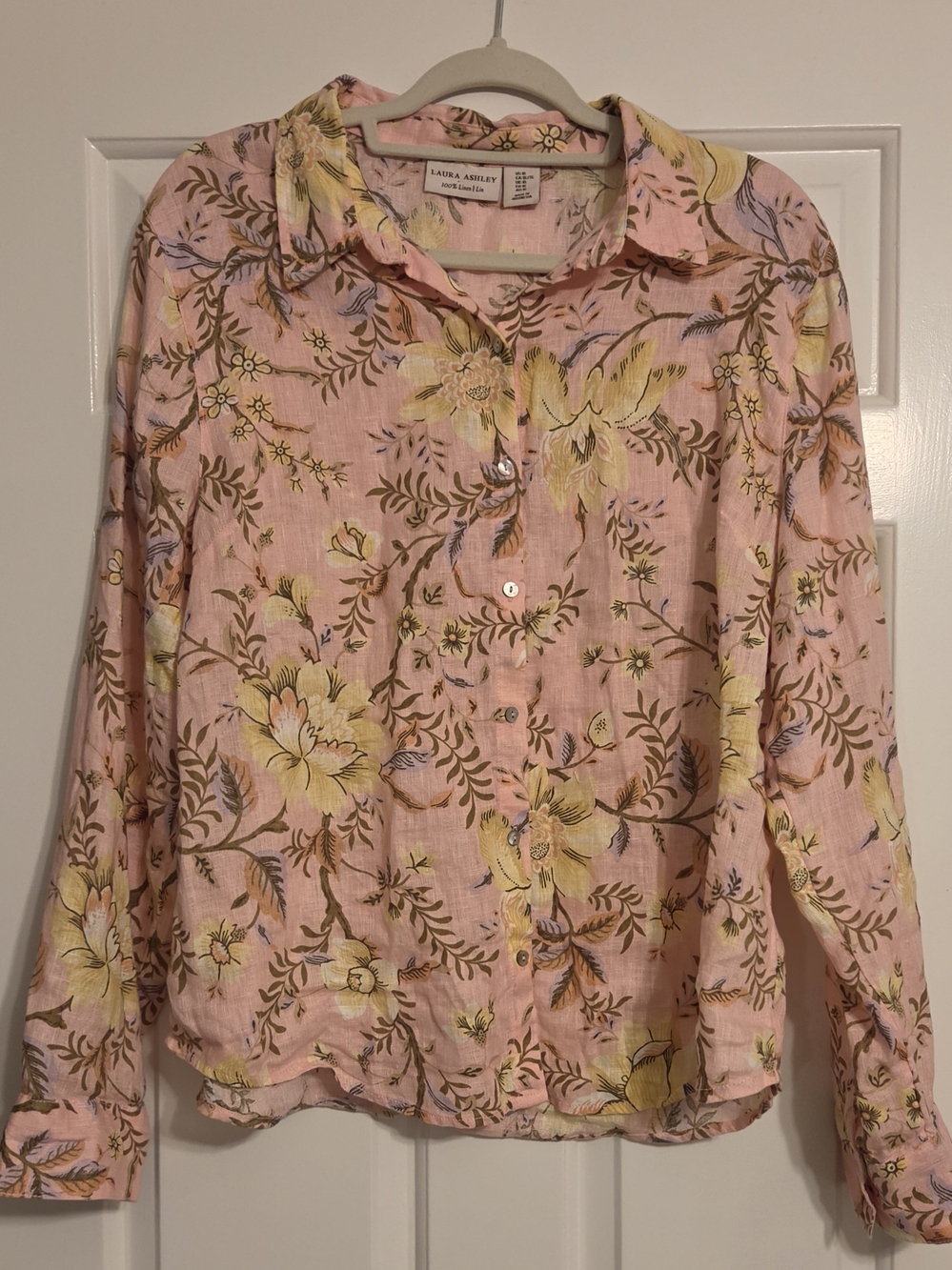 Laura Ashley 100% Linen Floral Button Down Shirt - Pink Yellow - Women's XL